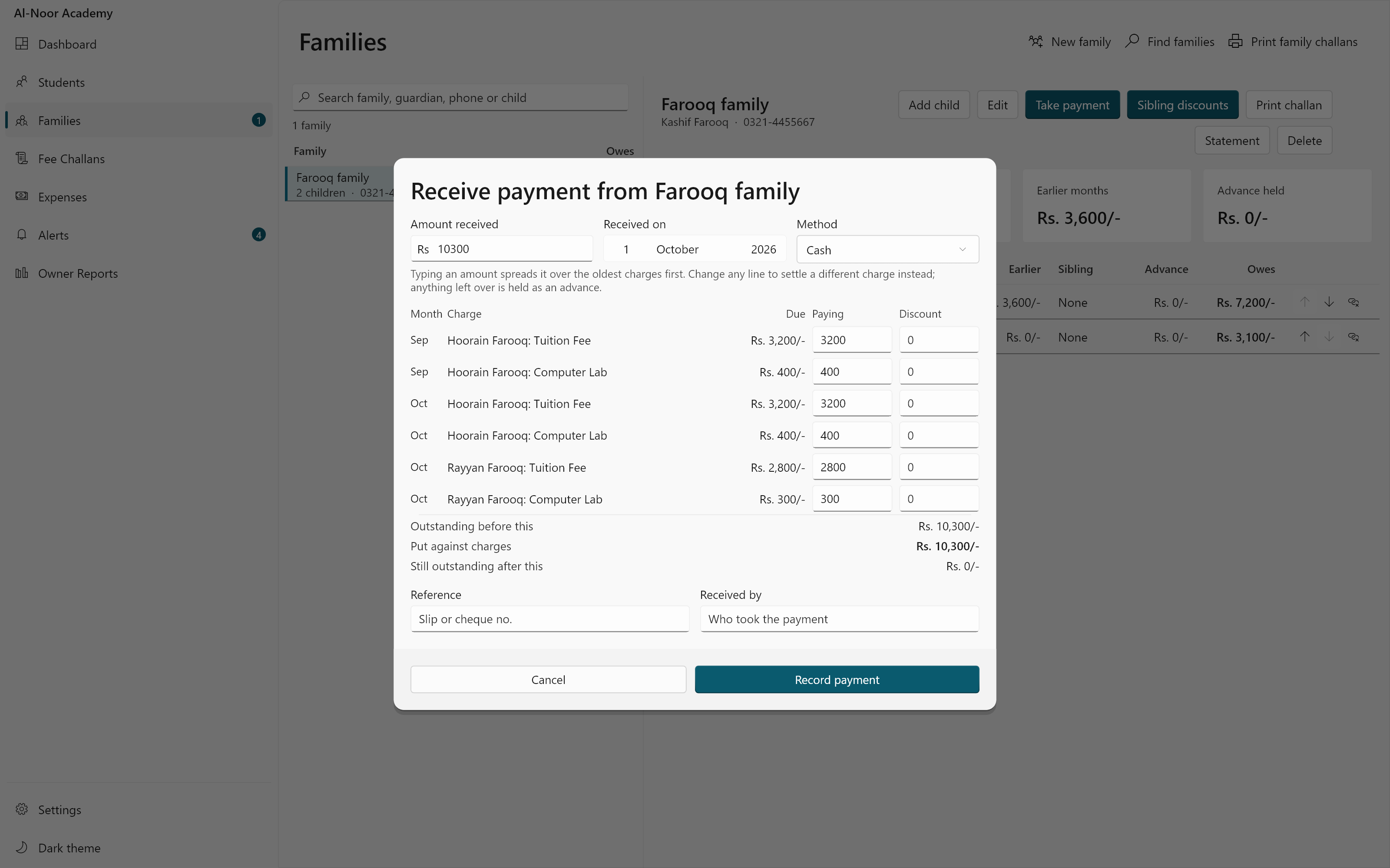 The family payment dialog in Campus OS showing Rs 10,300 received from a family spread across six charges for two children over two months, oldest first.
